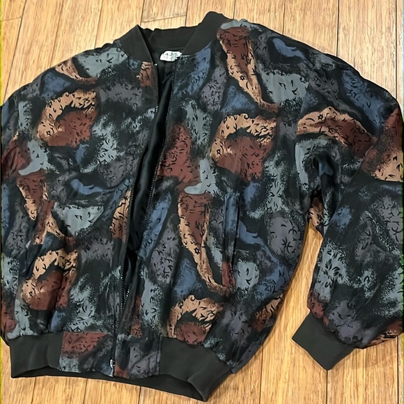 Carol Horn black SILK Bomber ZIP JACKET 90s Tan Gray Blue brown ART to wear LRG - Picture 2 of 16